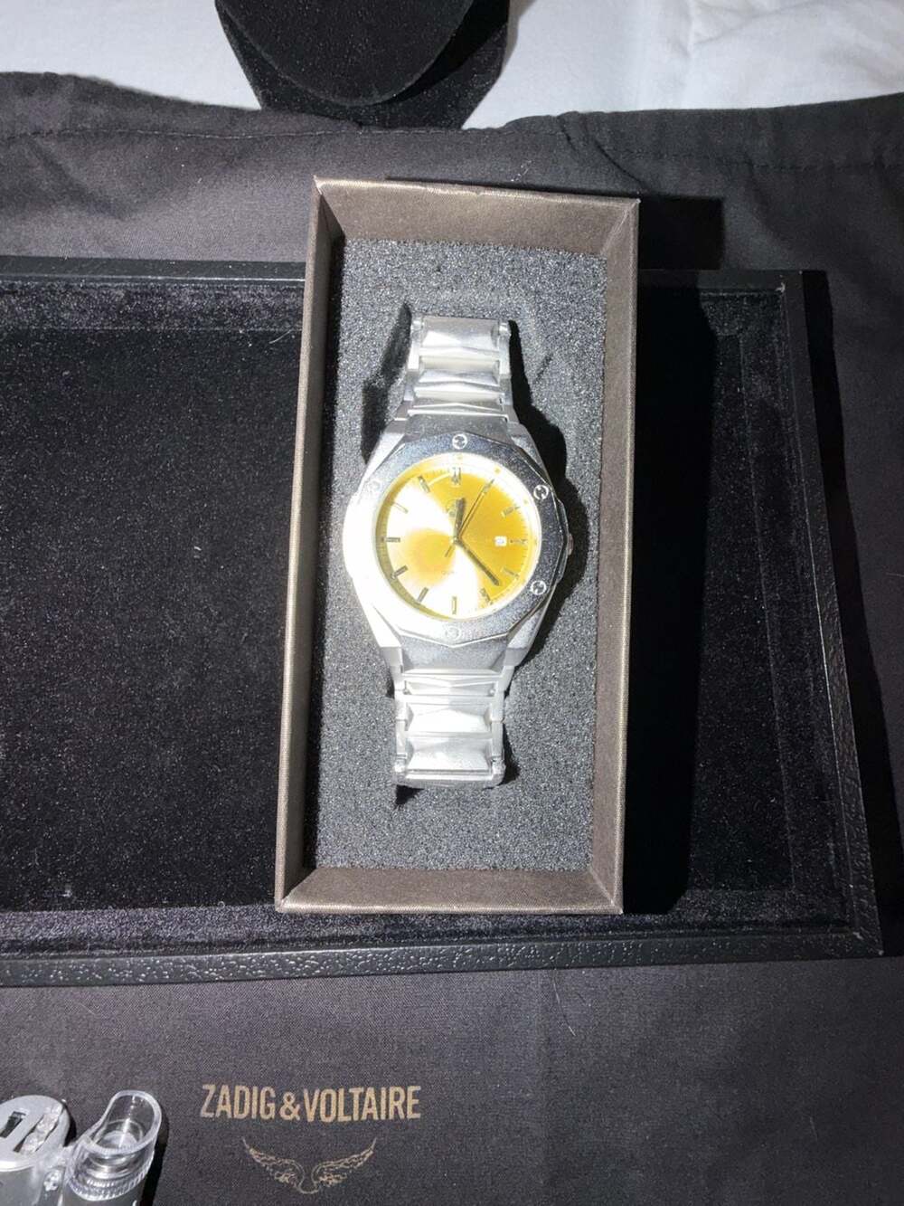 AJ Quartz Stainless Steel Yellow Face Watch